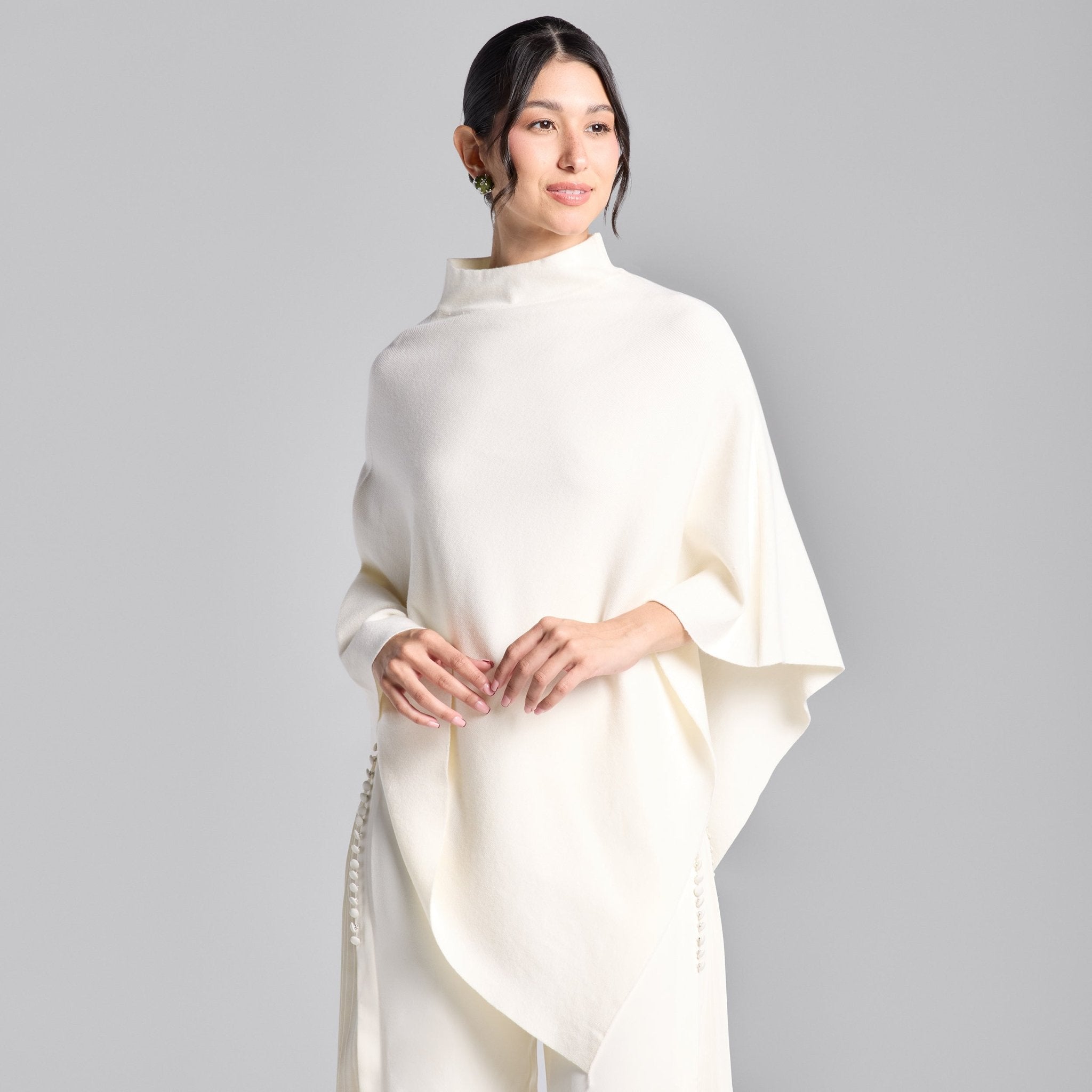 Ivory Asymmetrical Hem Knit Cape - shopaleena