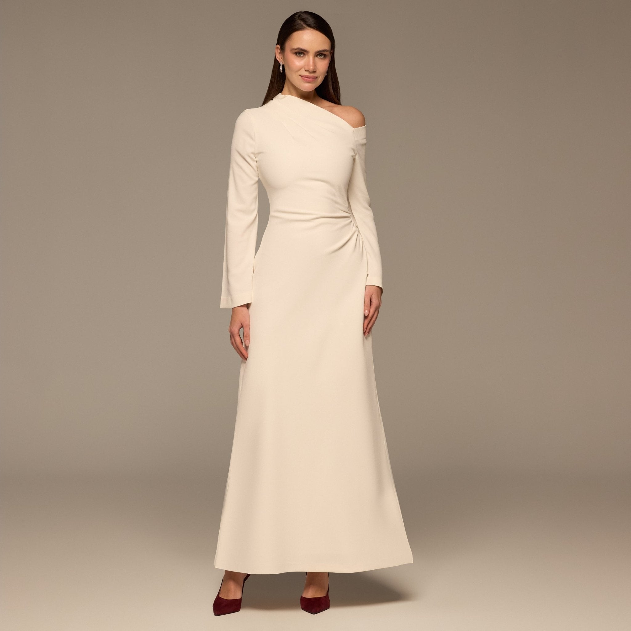 Ivory Bare shoulder Crepe Maxi Dress - shopaleena