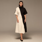 Ivory & Black Asymmetric Crepe Dress - shopaleena