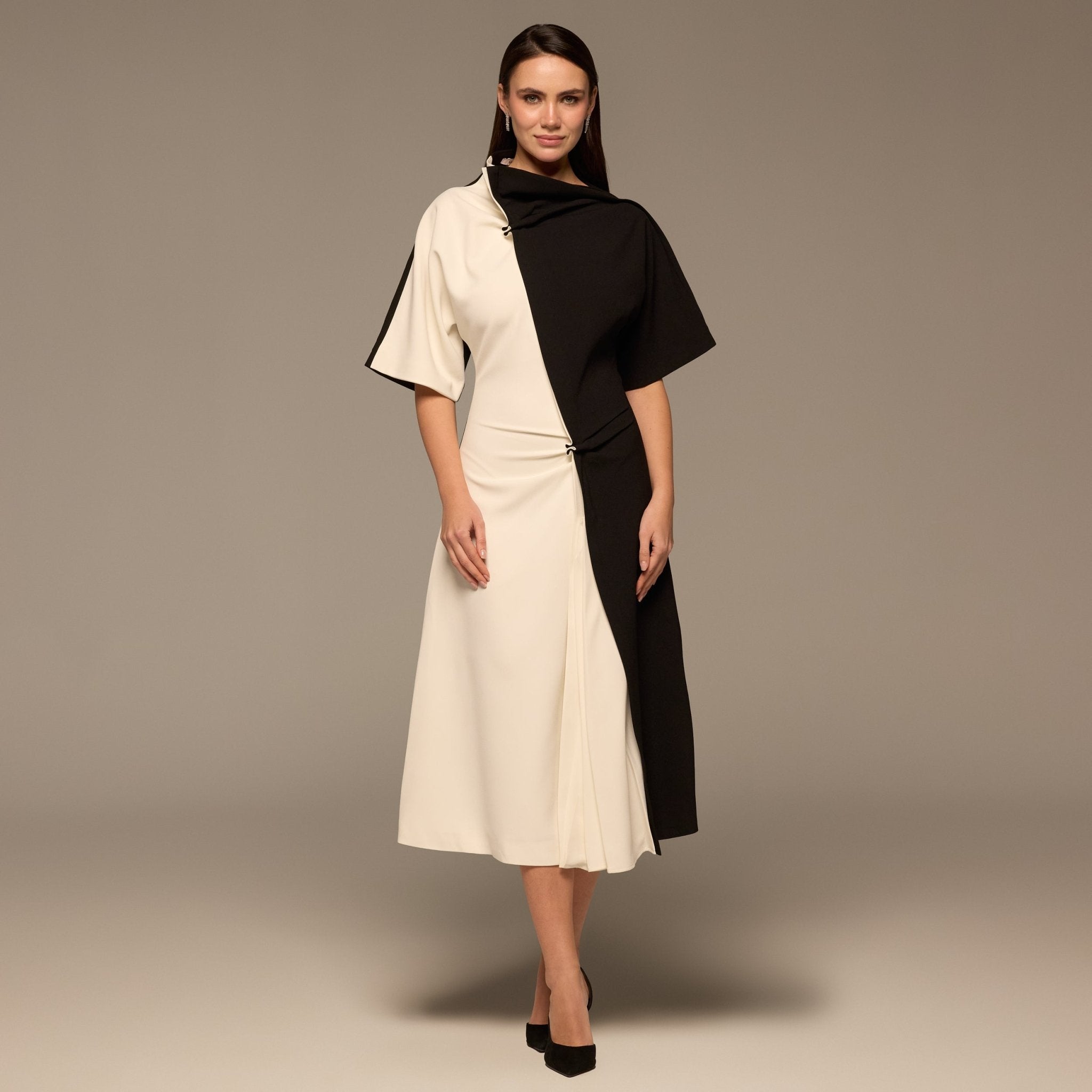 Ivory & Black Asymmetric Crepe Dress - shopaleena
