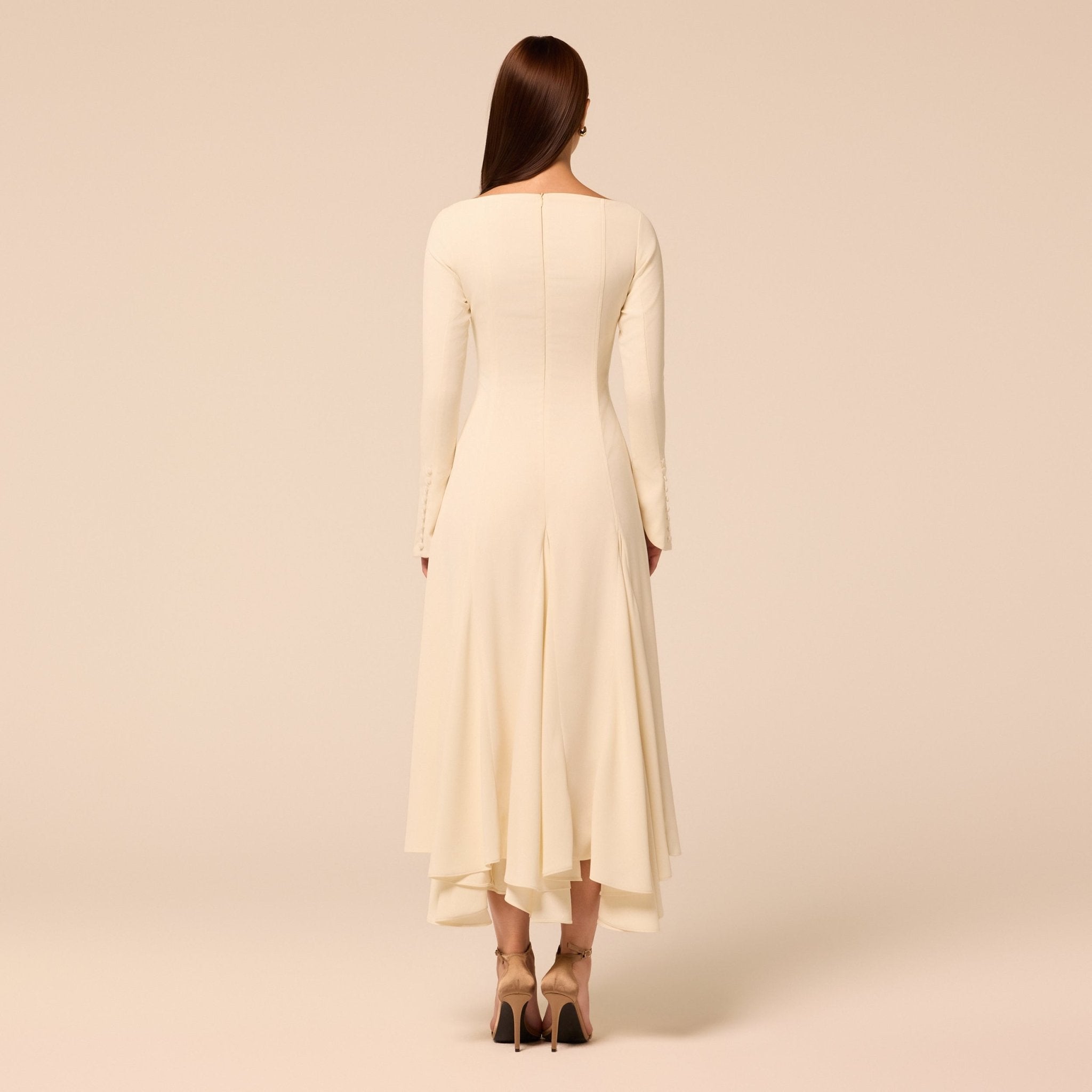 Ivory Boat Neck Long Sleeve Crepe Dress - shopaleena
