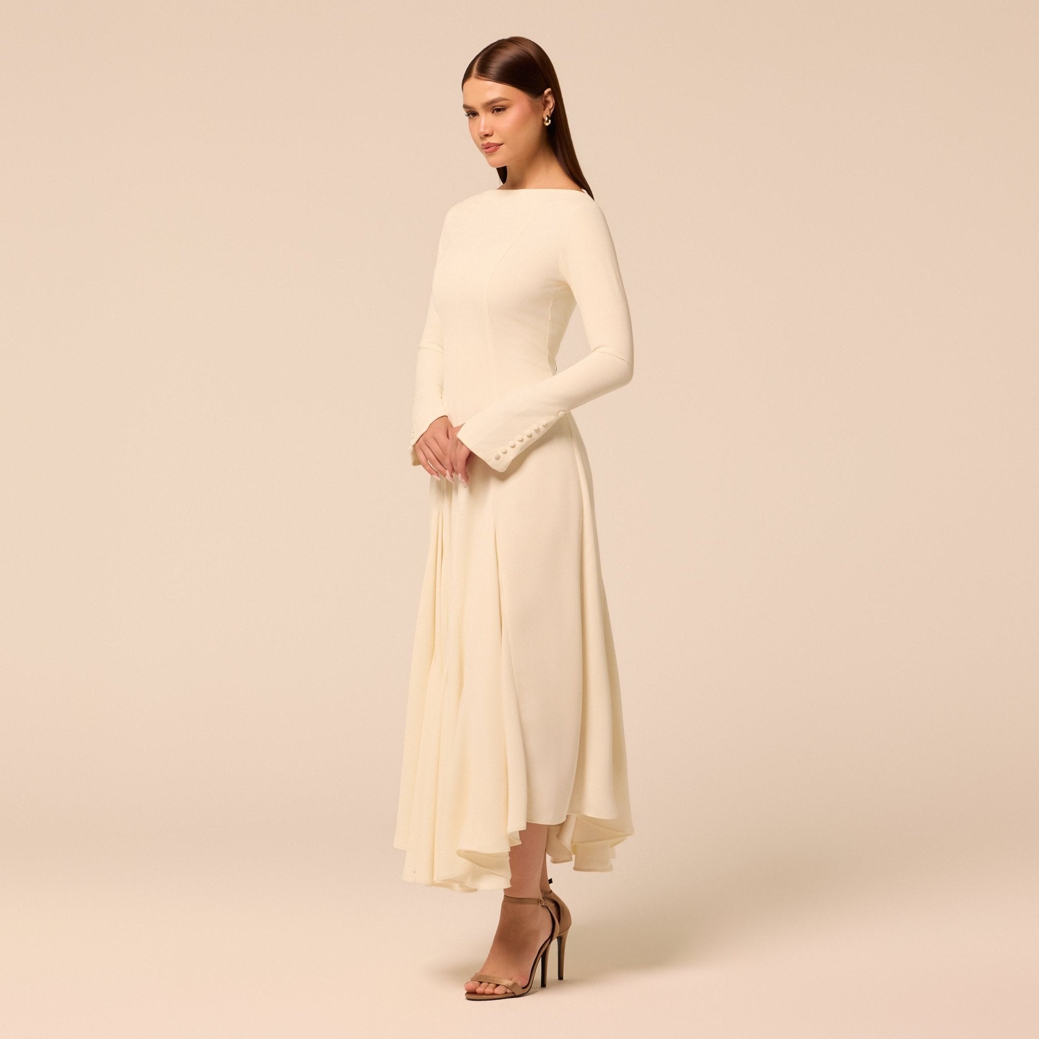 Ivory Boat Neck Long Sleeve Crepe Dress - shopaleena