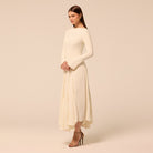 Ivory Boat Neck Long Sleeve Crepe Dress - shopaleena