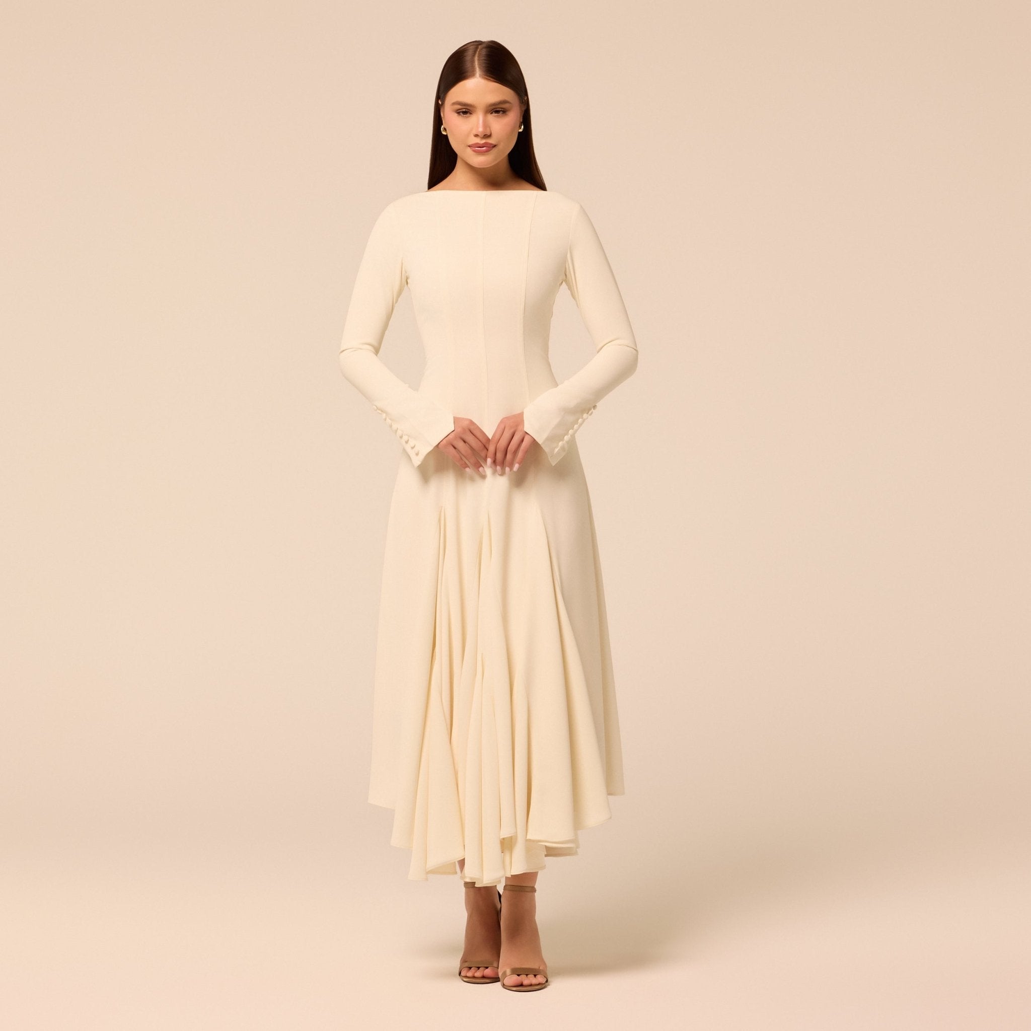 Ivory Boat Neck Long Sleeve Crepe Dress - shopaleena