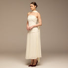 Ivory Crepe and Chiffon Pleated Dress with Scarf - shopaleena