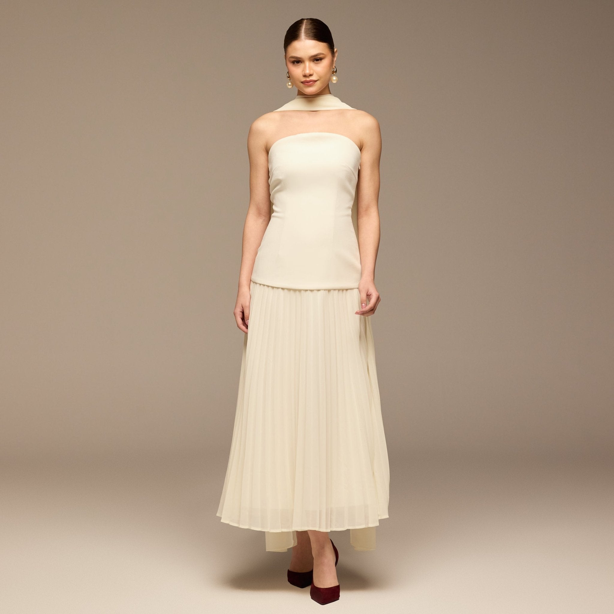 Ivory Crepe and Chiffon Pleated Dress with Scarf – shopaleena