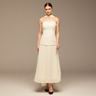 Ivory Crepe and Chiffon Pleated Dress with Scarf - shopaleena