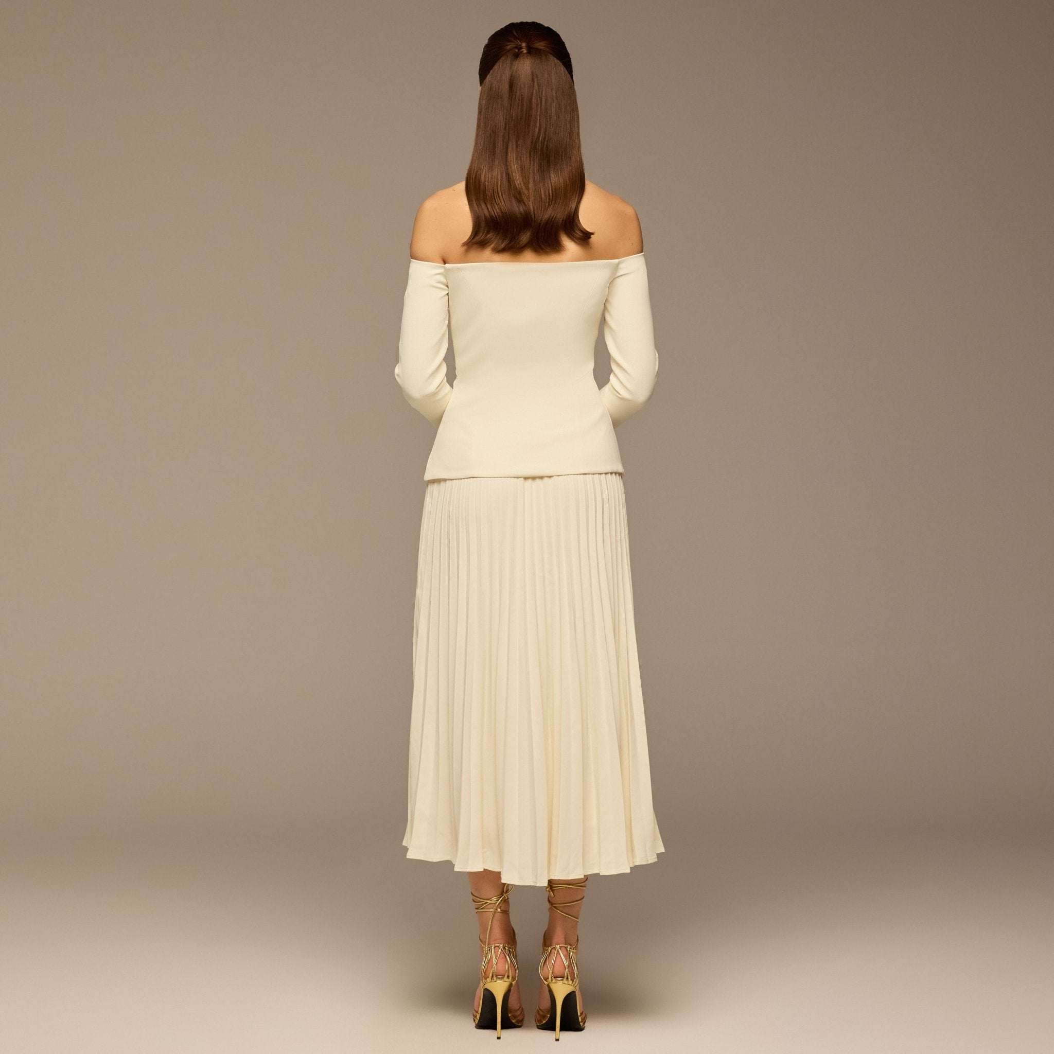 Ivory Crepe & Chiffon Pleated Maxi Dress - shopaleena