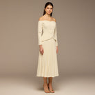 Ivory Crepe & Chiffon Pleated Maxi Dress - shopaleena