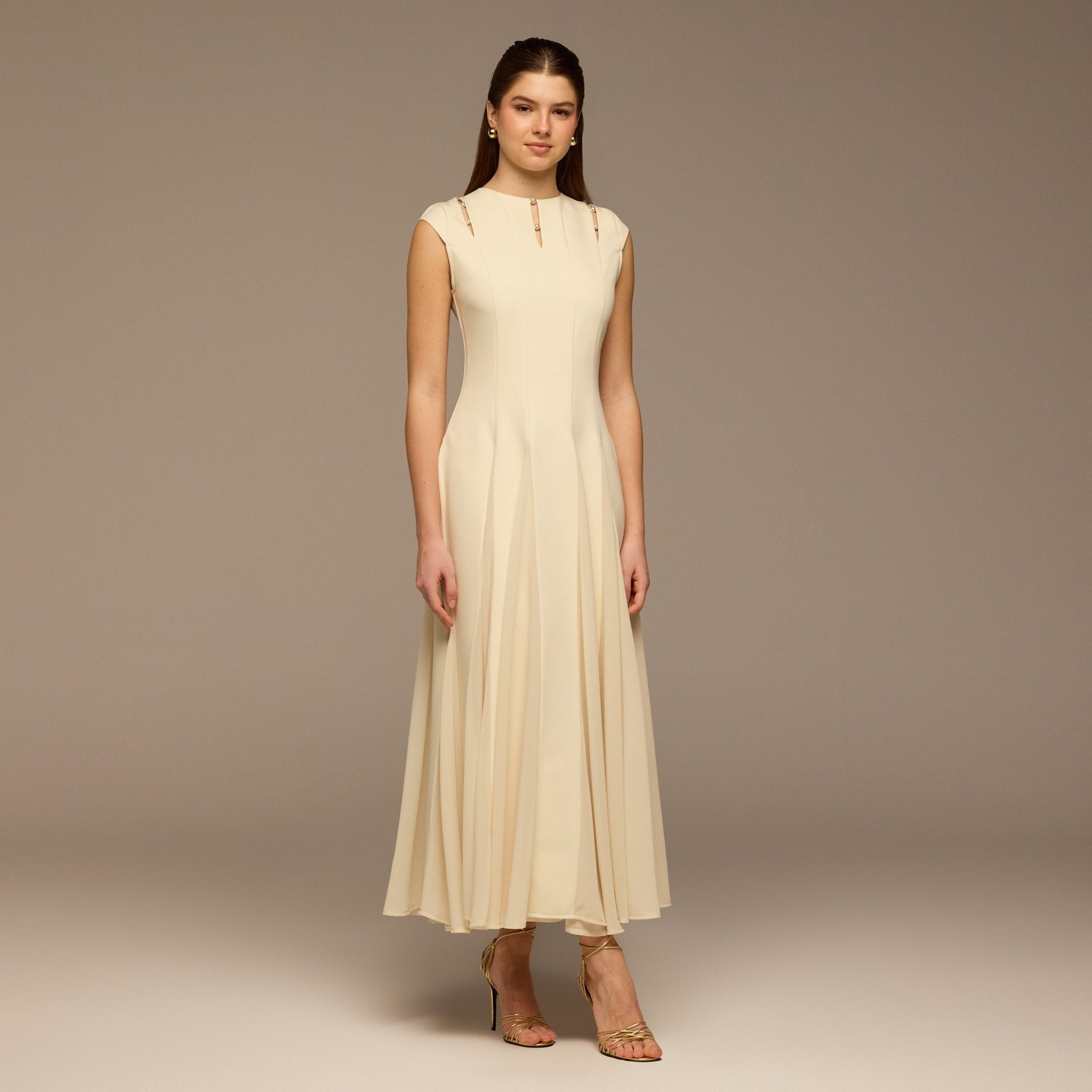 Ivory Crepe Chiffon Sleeveless Maxi Dress - shopaleena