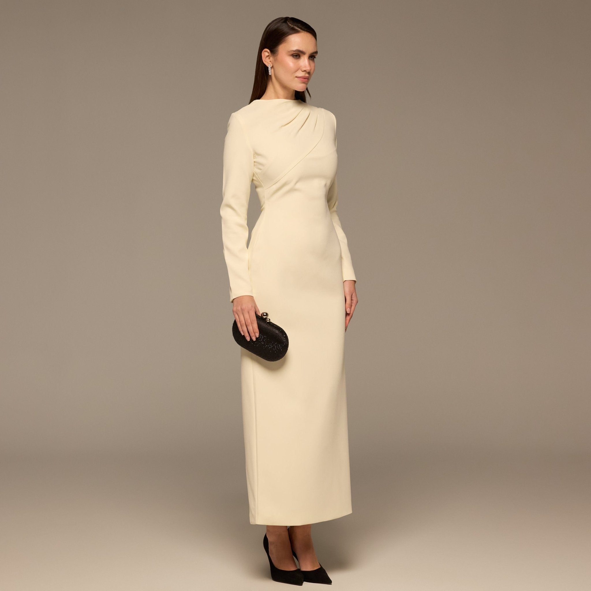 Ivory Crepe Draped Dress with Scarf - shopaleena