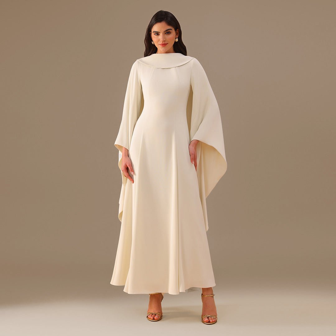 Ivory Crepe Dress with Flared Skirt - shopaleena