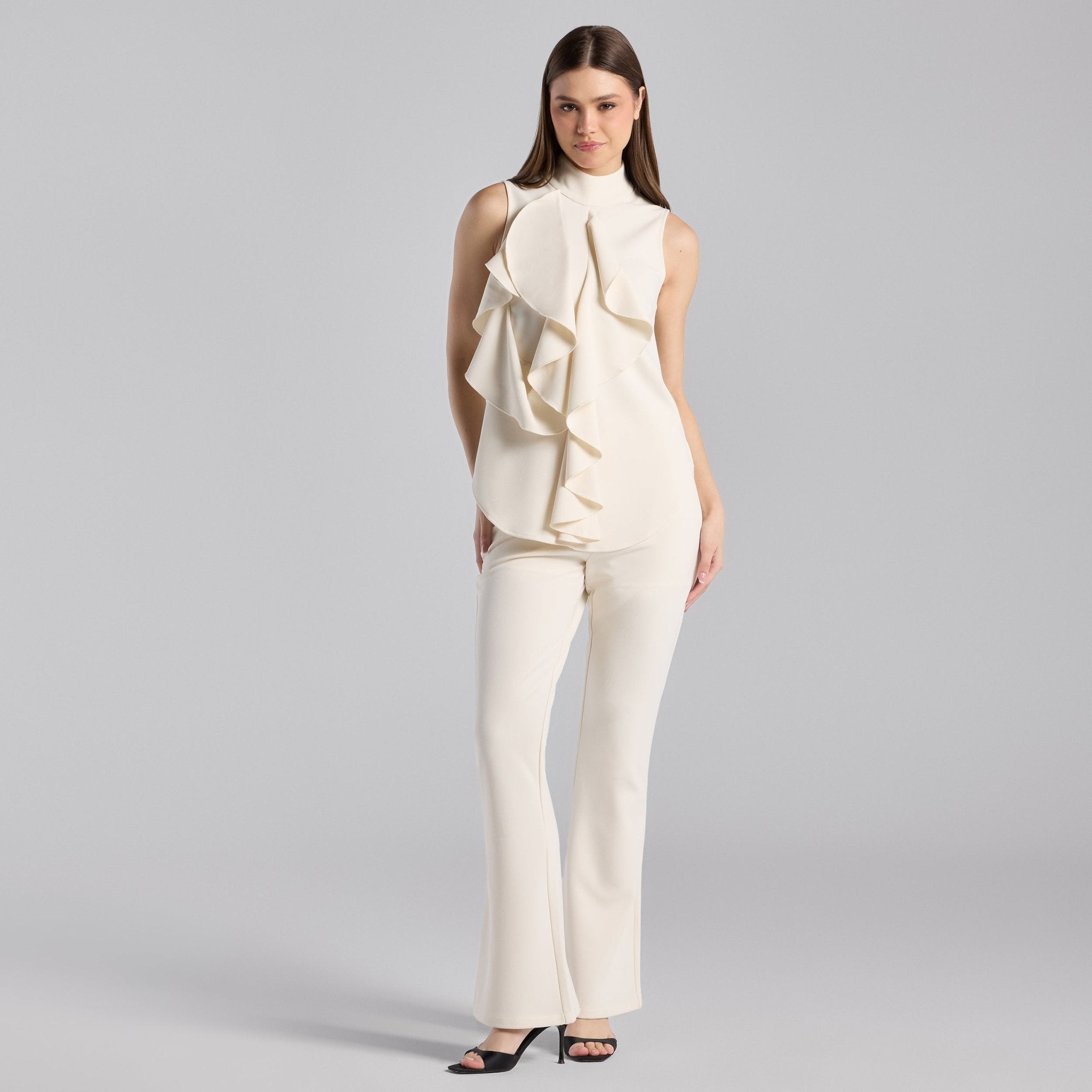 Ivory Crepe High neck Top with Draped Details - shopaleena