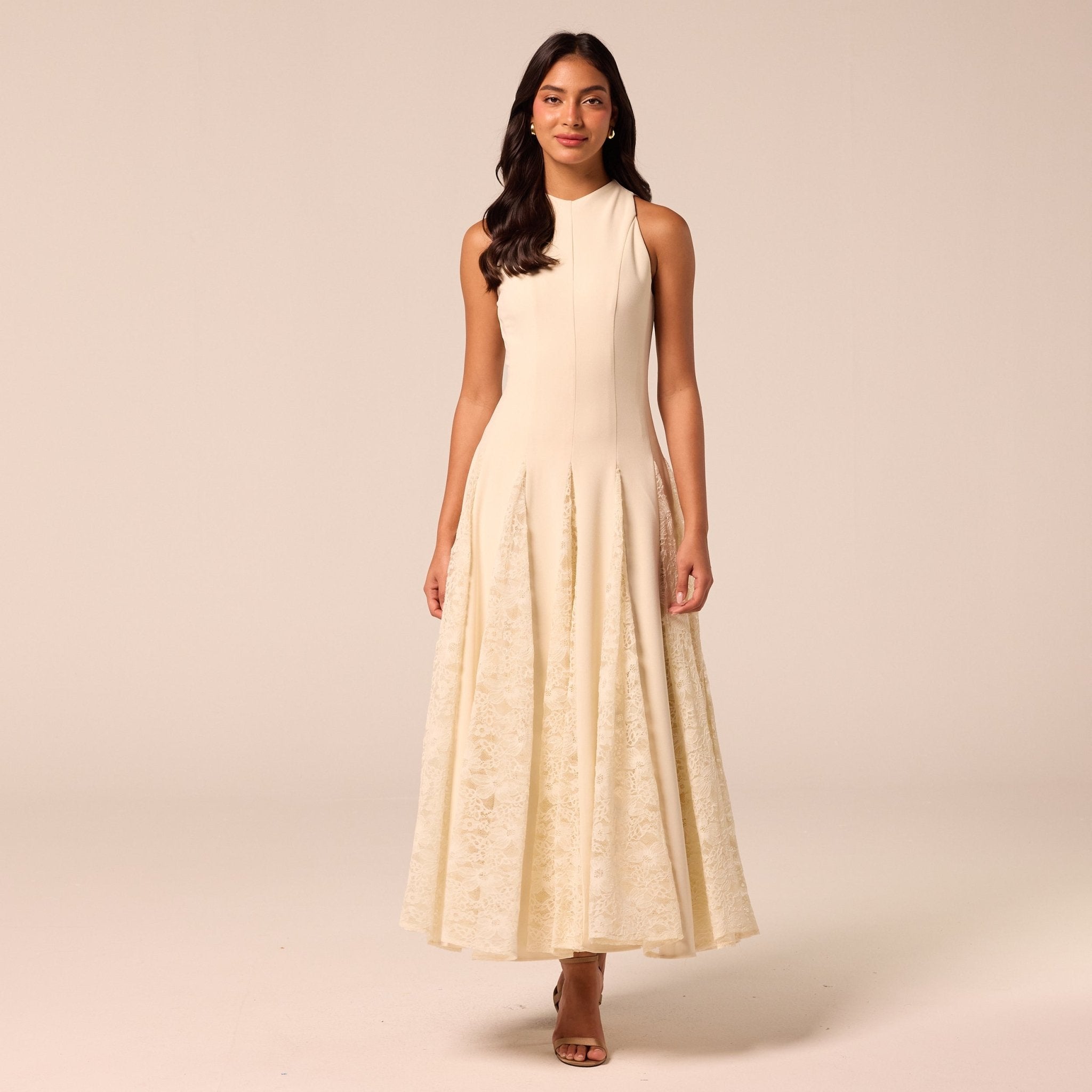 Ivory Crepe Maxi Dress with Lace Inserts - shopaleena