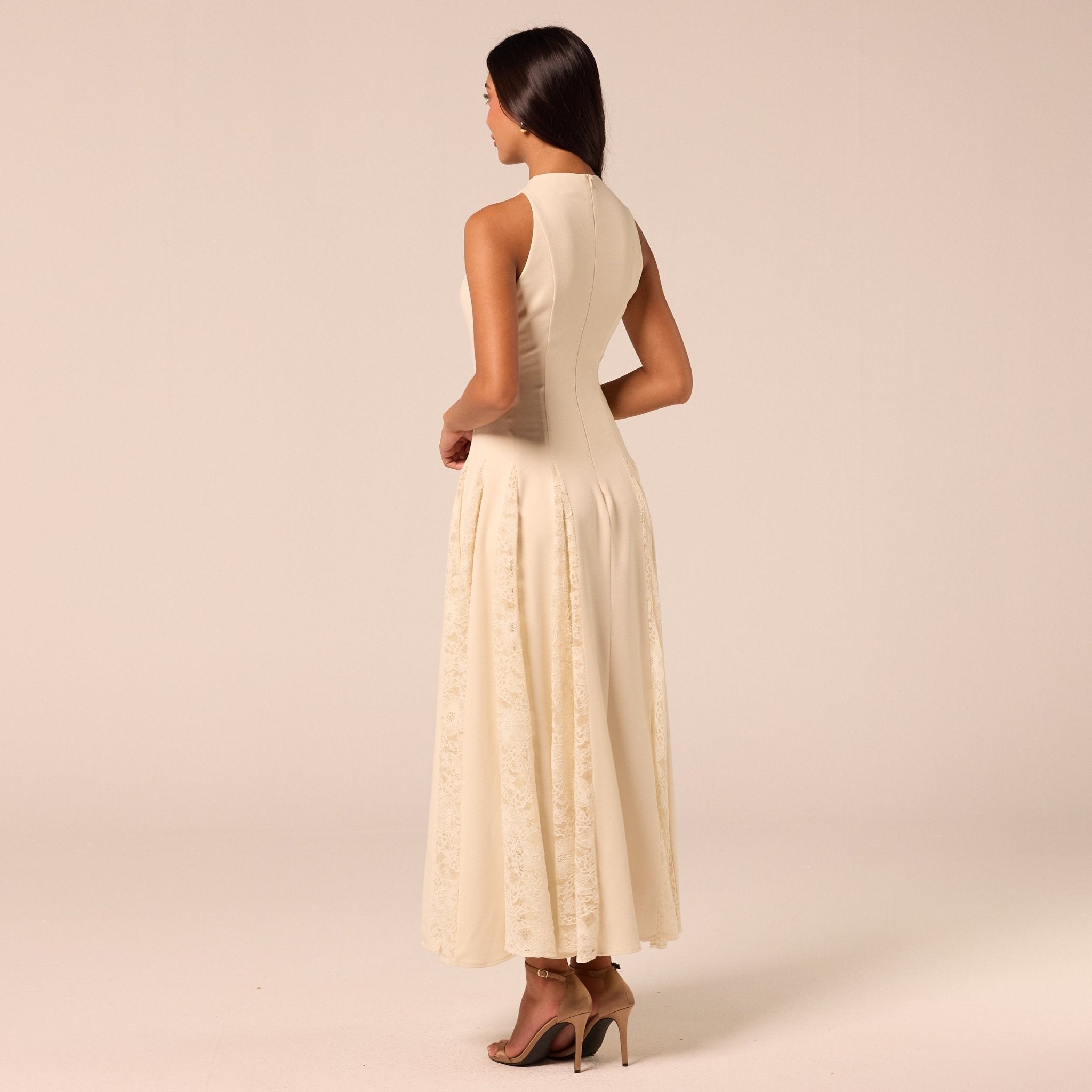 Ivory Crepe Maxi Dress with Lace Inserts - shopaleena