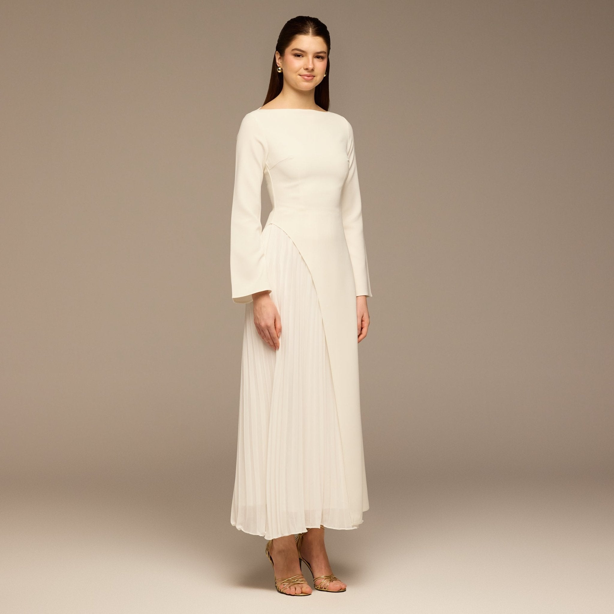 Ivory Crepe Maxi Dress with Side Pleated Panel - shopaleena