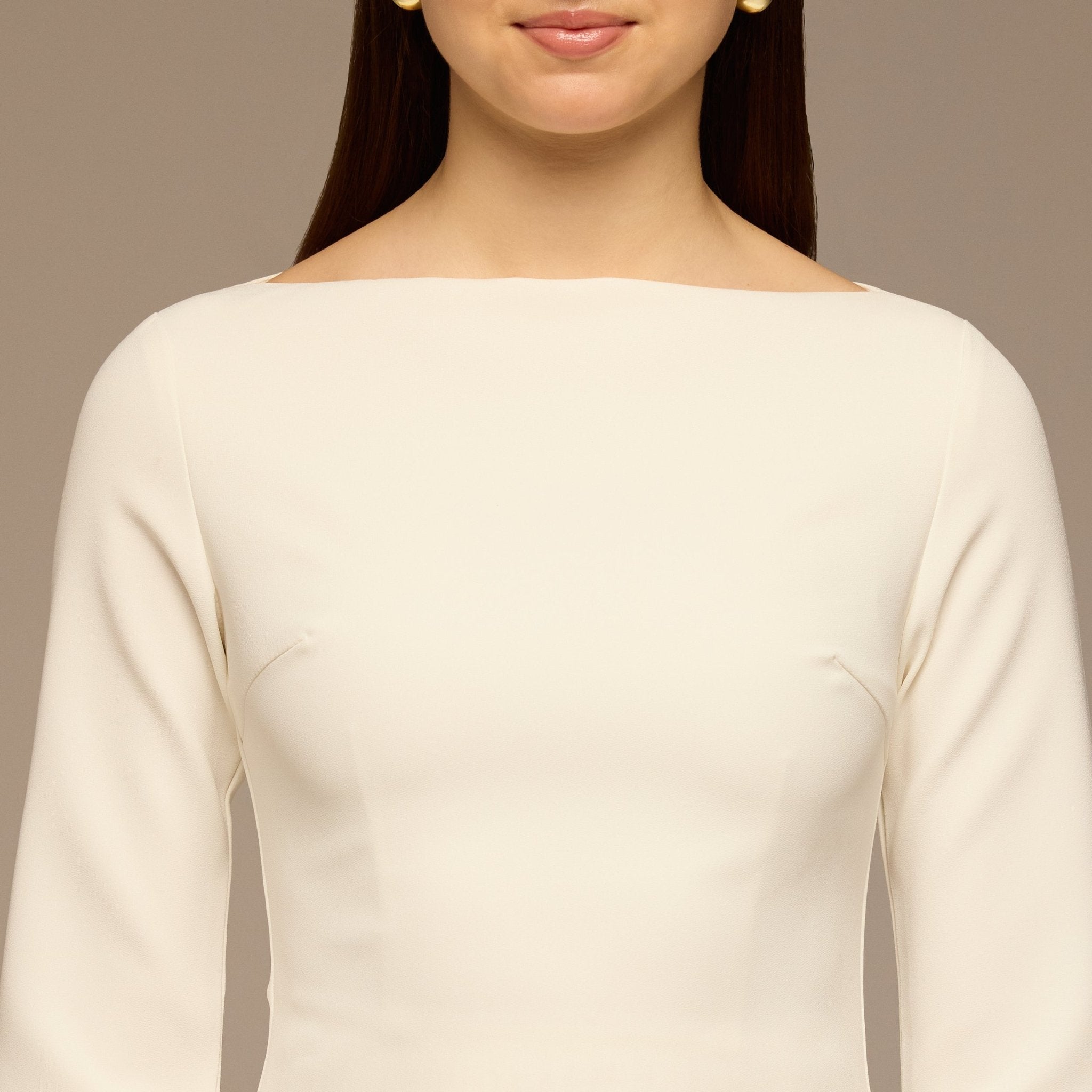 Ivory Crepe Maxi Dress with Side Pleated Panel - shopaleena