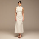 Ivory Crepe Satin Draped Maxi Dress - shopaleena