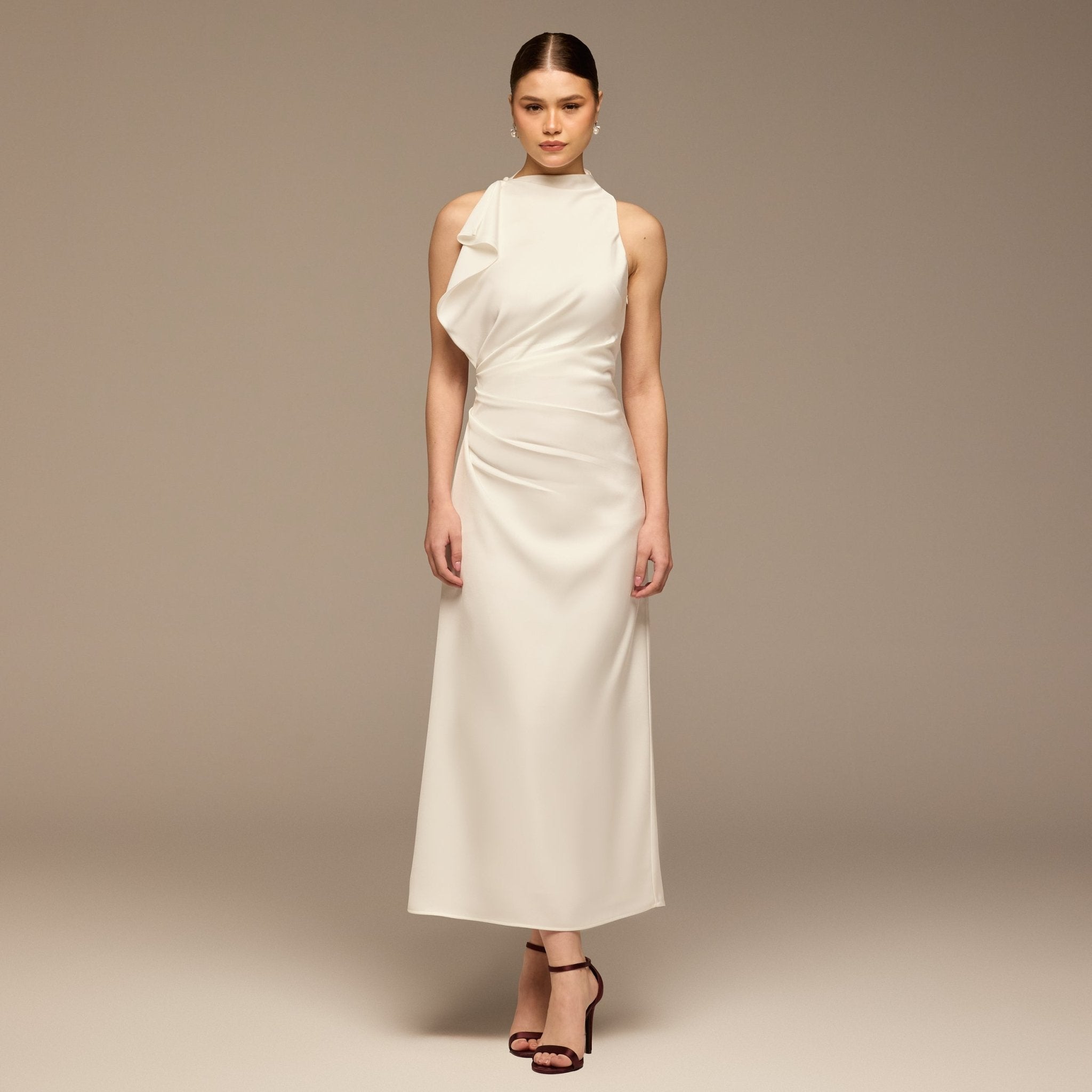 Ivory Crepe Satin Draped Maxi Dress - shopaleena
