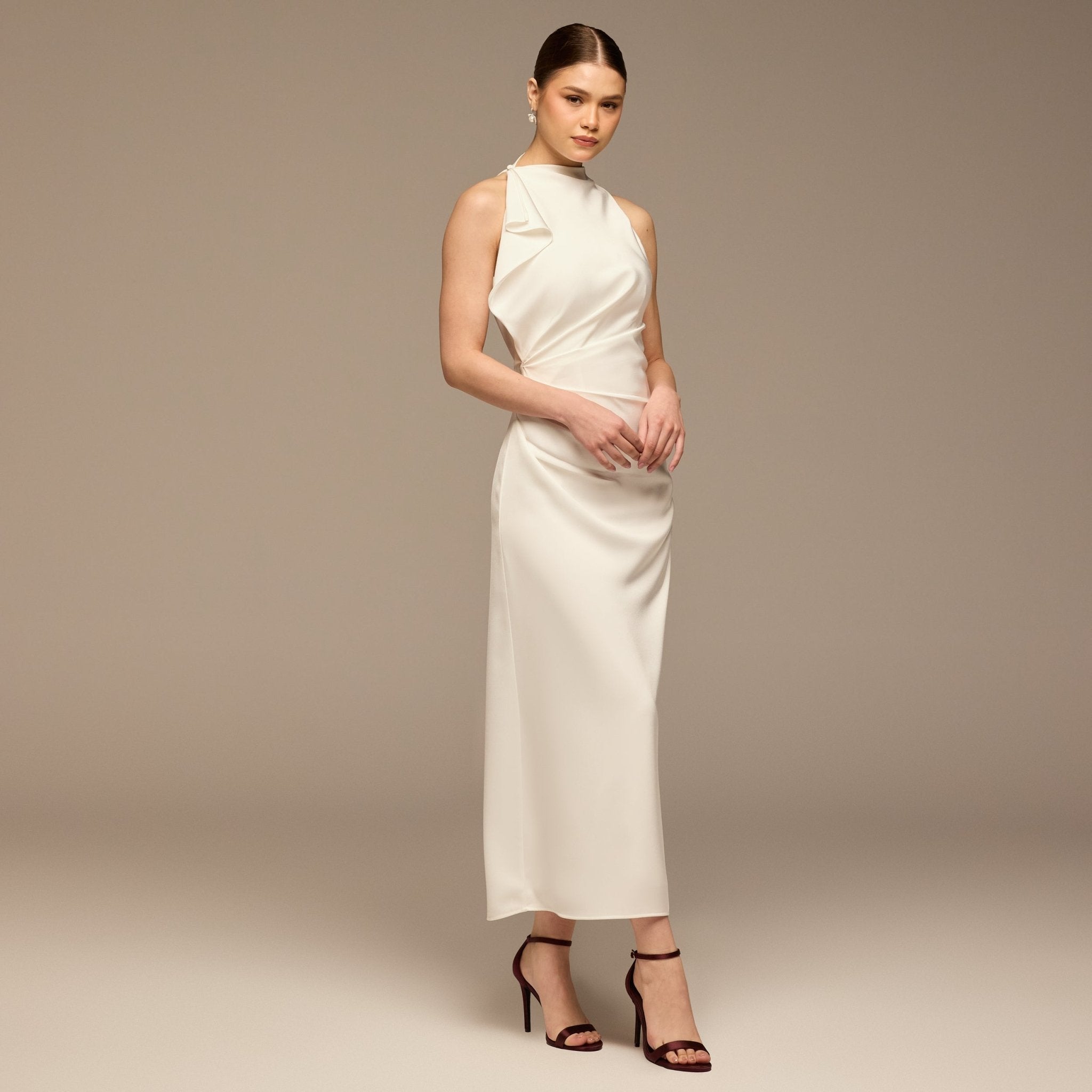 Ivory Crepe Satin Draped Maxi Dress - shopaleena