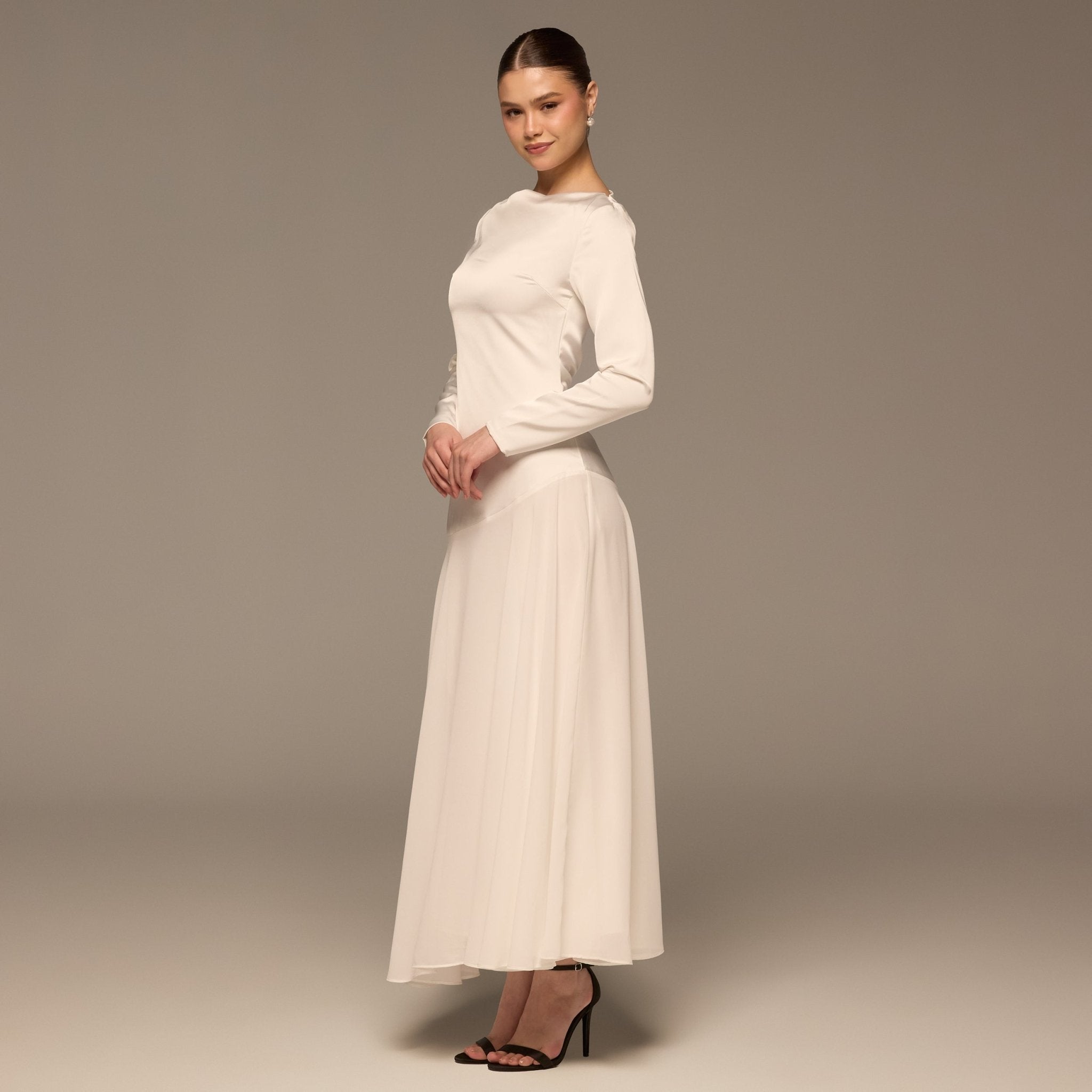 Ivory Draped Neck Satin & Chiffon Dress - shopaleena