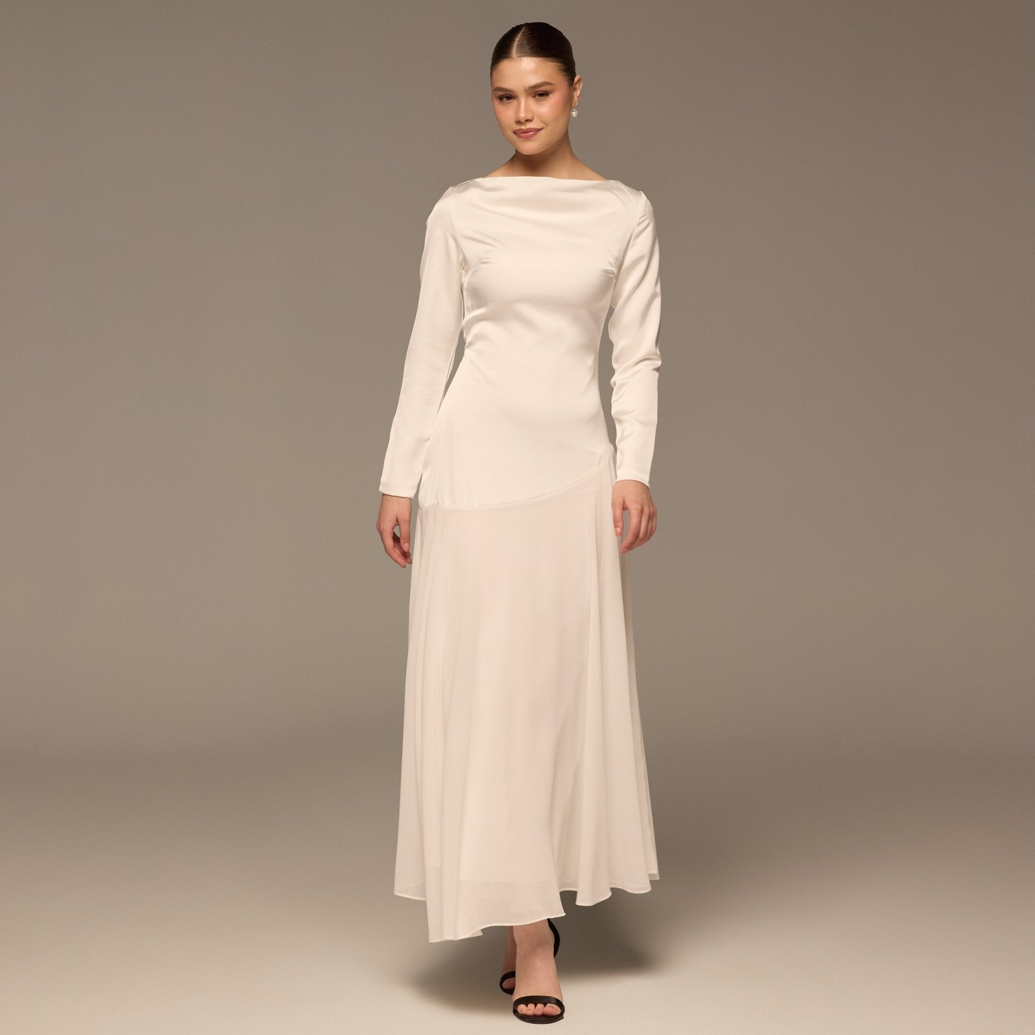 Ivory Draped Neck Satin & Chiffon Dress - shopaleena