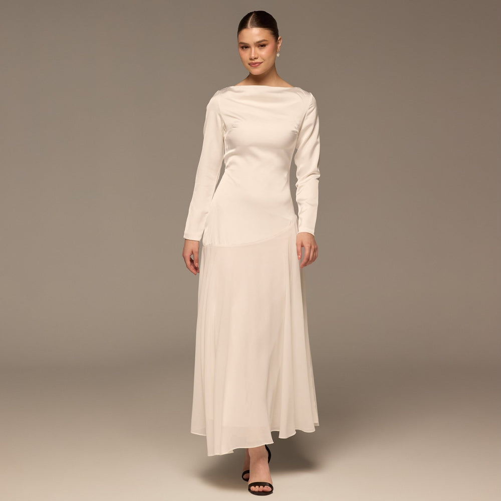 Ivory Draped Neck Satin & Chiffon Dress - shopaleena