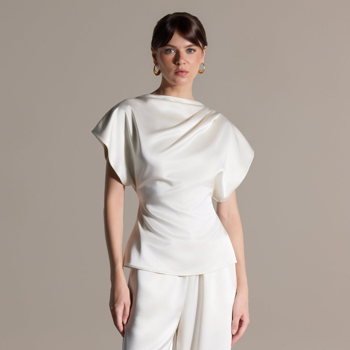 Ivory Draped Satin Blouse & Wide Leg Pants Set - shopaleena