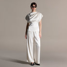 Ivory Draped Satin Blouse & Wide Leg Pants Set - shopaleena
