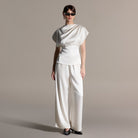 Ivory Draped Satin Blouse & Wide Leg Pants Set - shopaleena