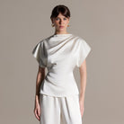 Ivory Draped Satin Blouse & Wide Leg Pants Set - shopaleena