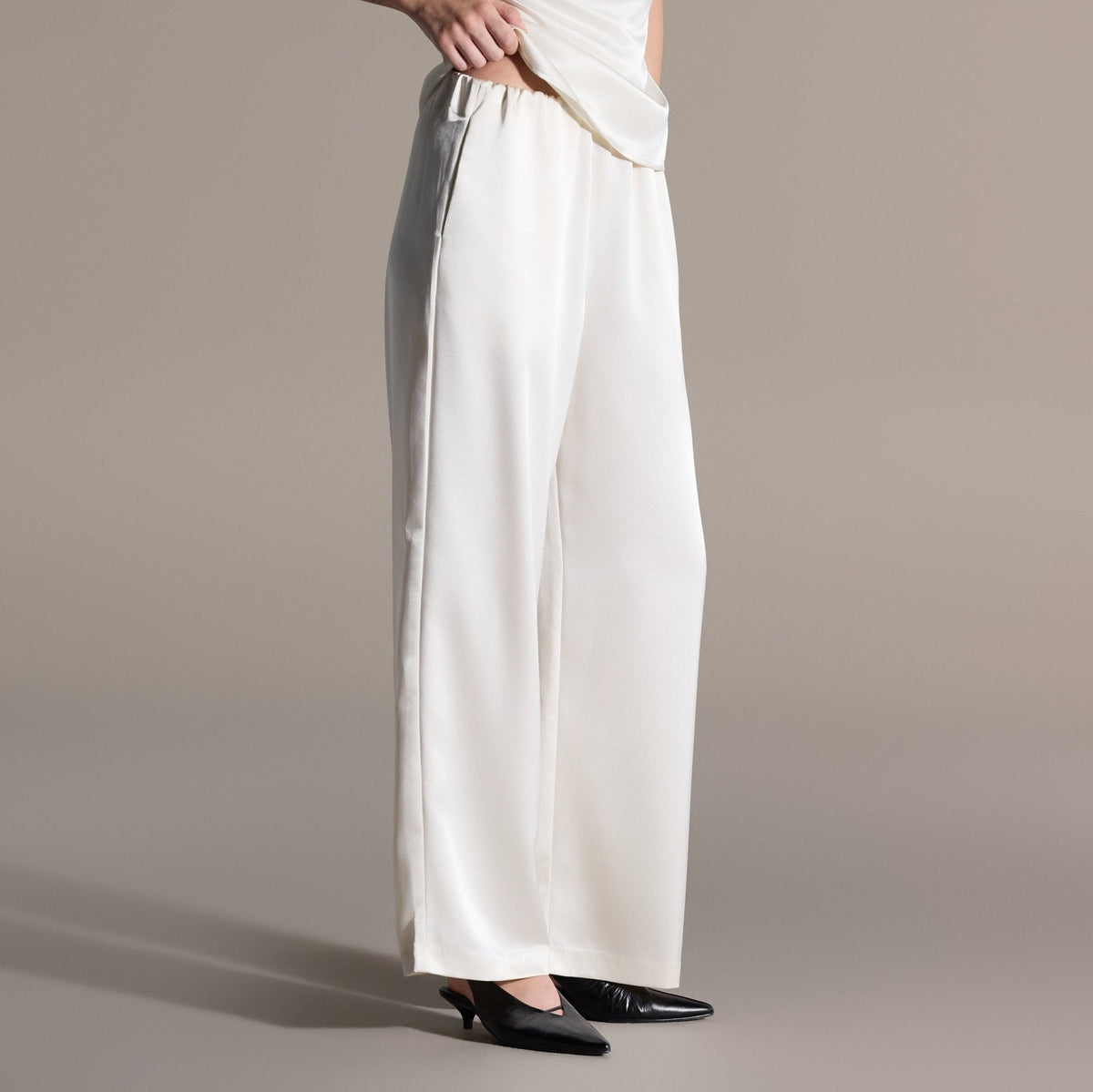 Ivory Draped Satin Blouse & Wide Leg Pants Set - shopaleena
