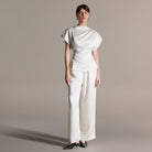 Ivory Draped Satin Blouse & Wide Leg Pants Set - shopaleena
