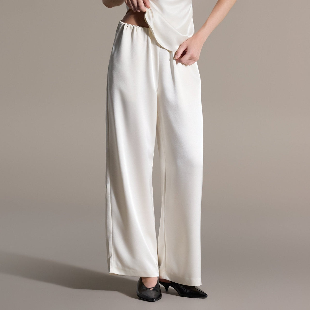 Ivory Draped Satin Blouse & Wide Leg Pants Set - shopaleena