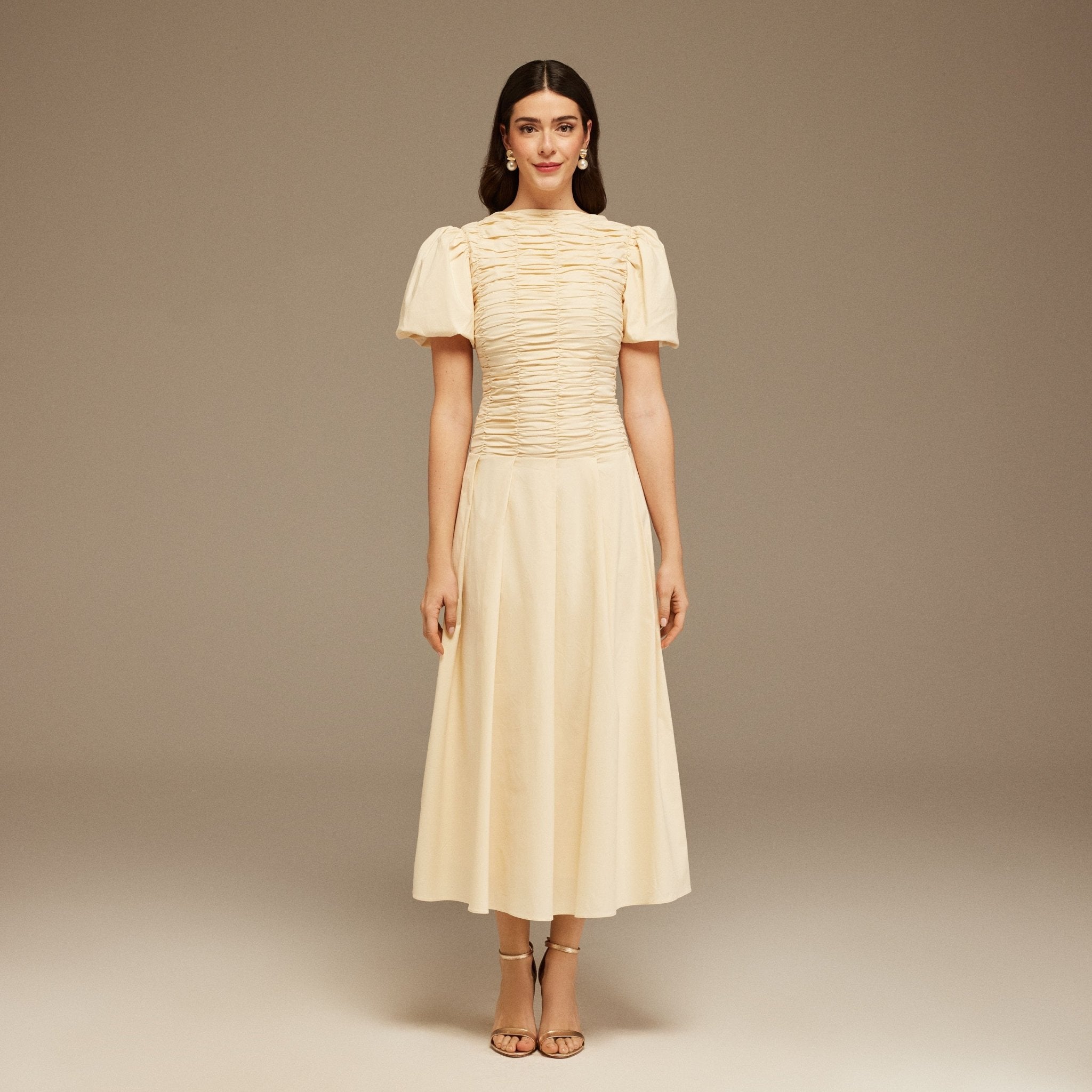 Ivory Draped Top Short Sleeve Midi Dress