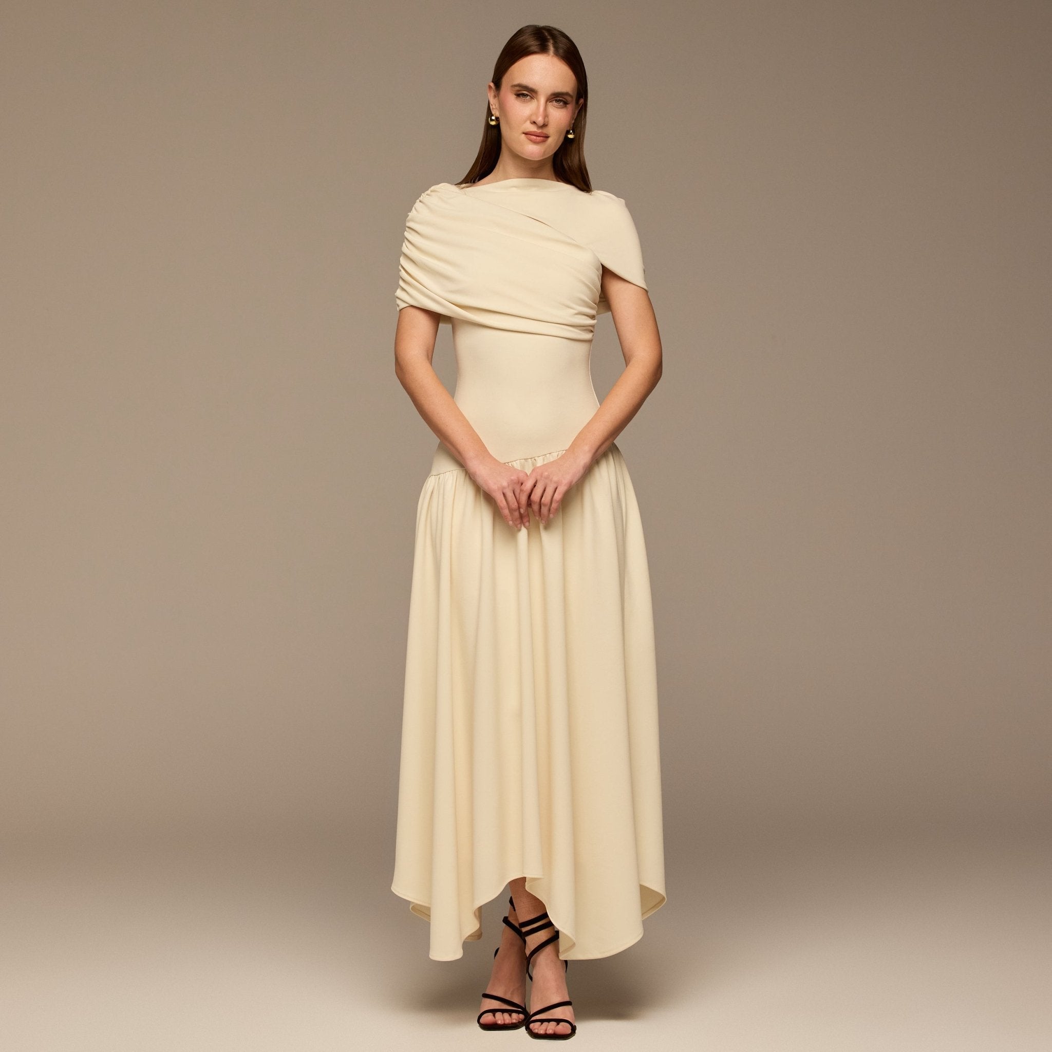 Ivory Dropped Waist Crepe Dress - shopaleena