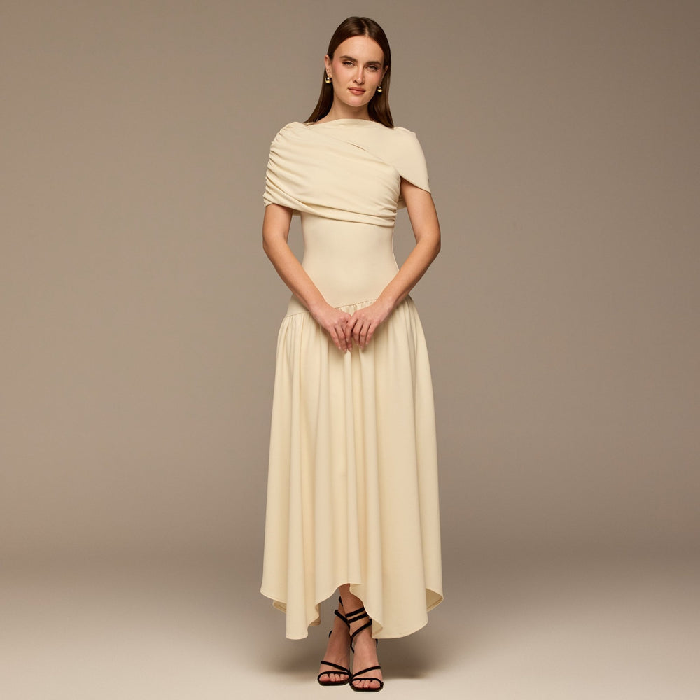 Ivory Dropped Waist Crepe Dress - shopaleena