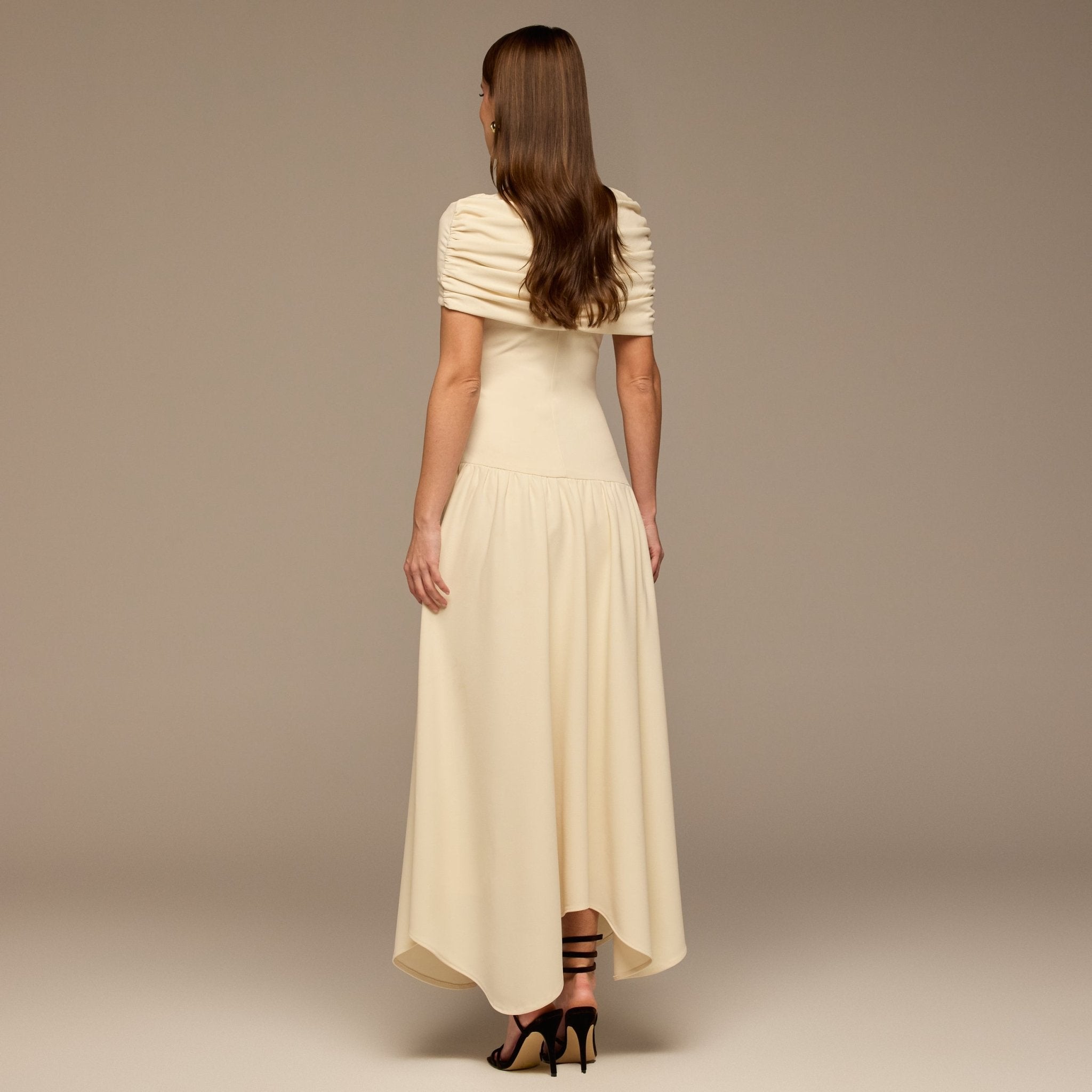 Ivory Dropped Waist Crepe Dress - shopaleena