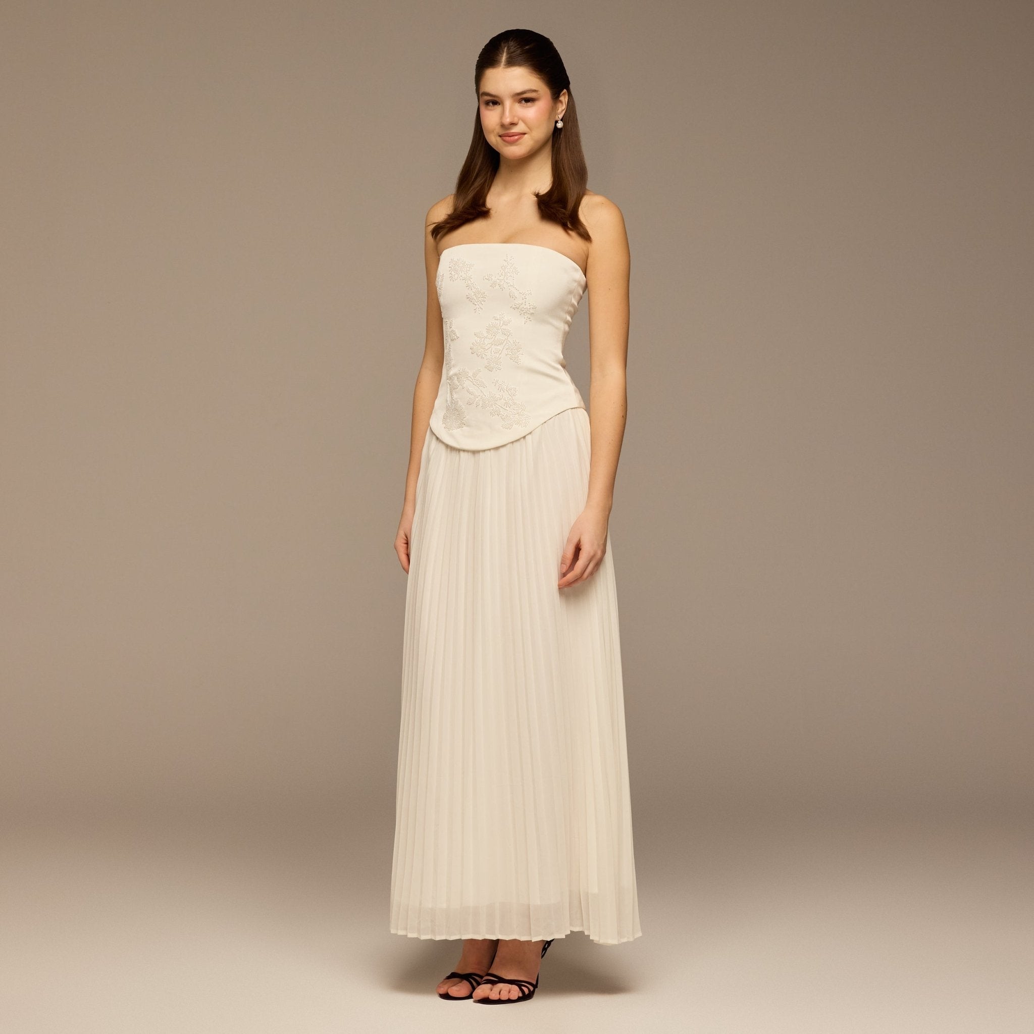 Ivory Embroidered Crepe & Chiffon Maxi Dress - shopaleena