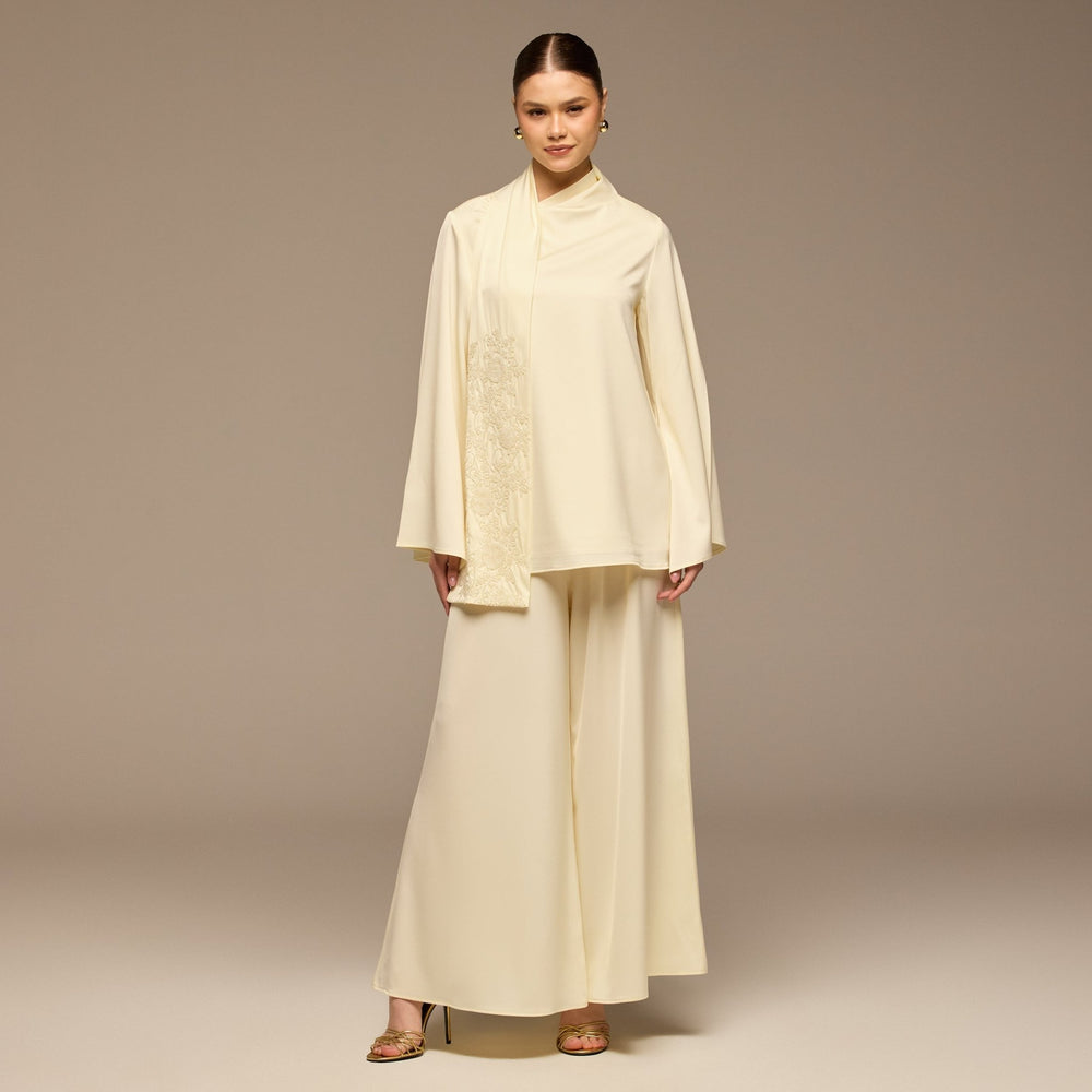 Ivory Embroidered Top and Pants Satin Set - shopaleena
