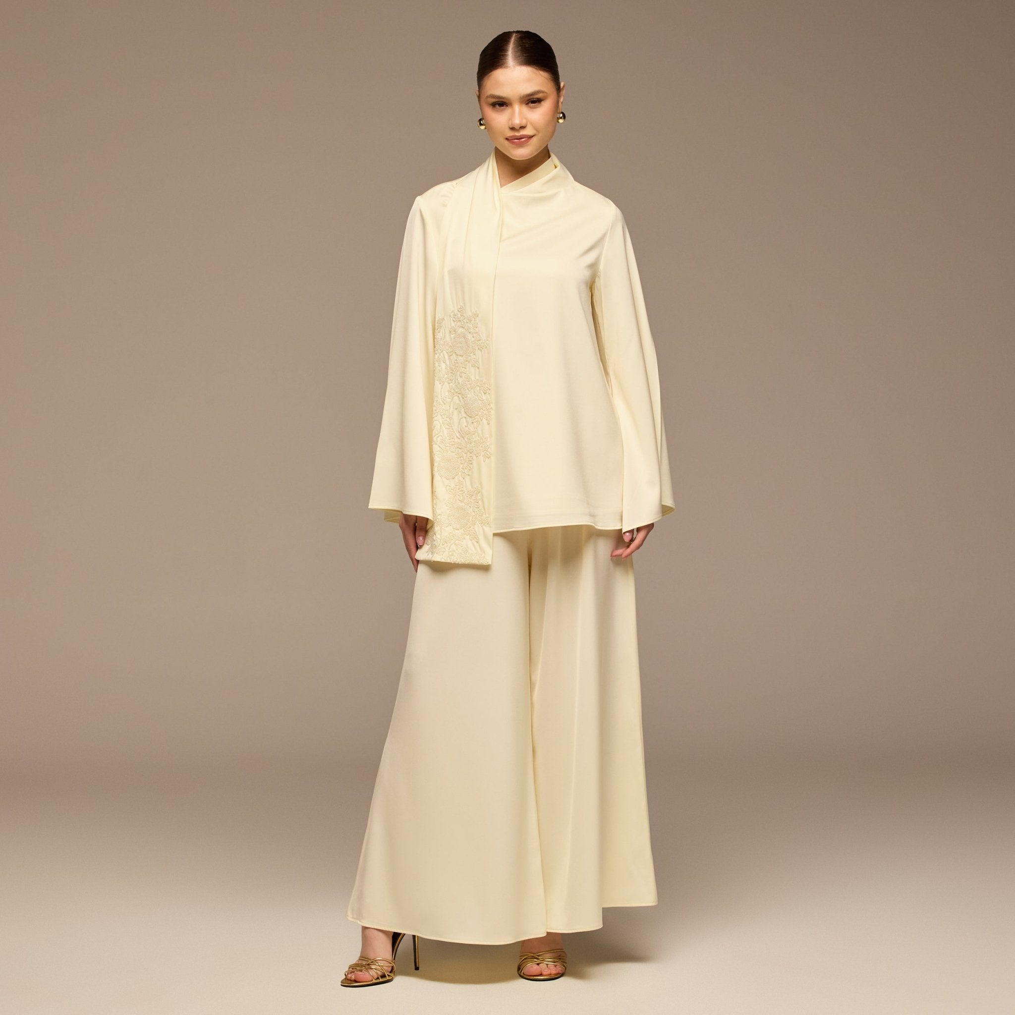 Ivory Embroidered Top and Pants Satin Set - shopaleena