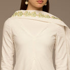 Ivory Flared A Line Lenin Dress with Embroidered Scarf - shopaleena