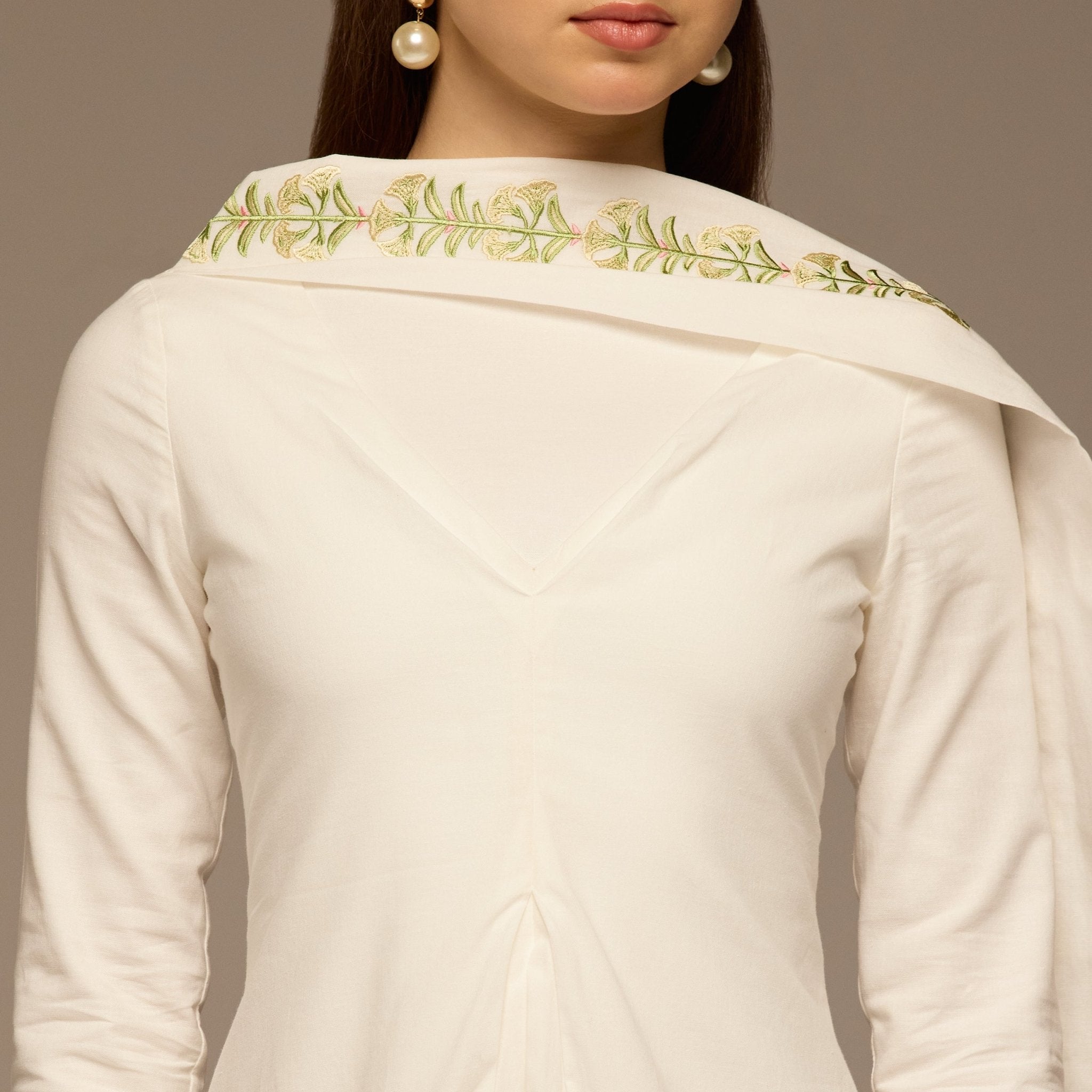 Ivory Flared A Line Lenin Dress with Embroidered Scarf - shopaleena