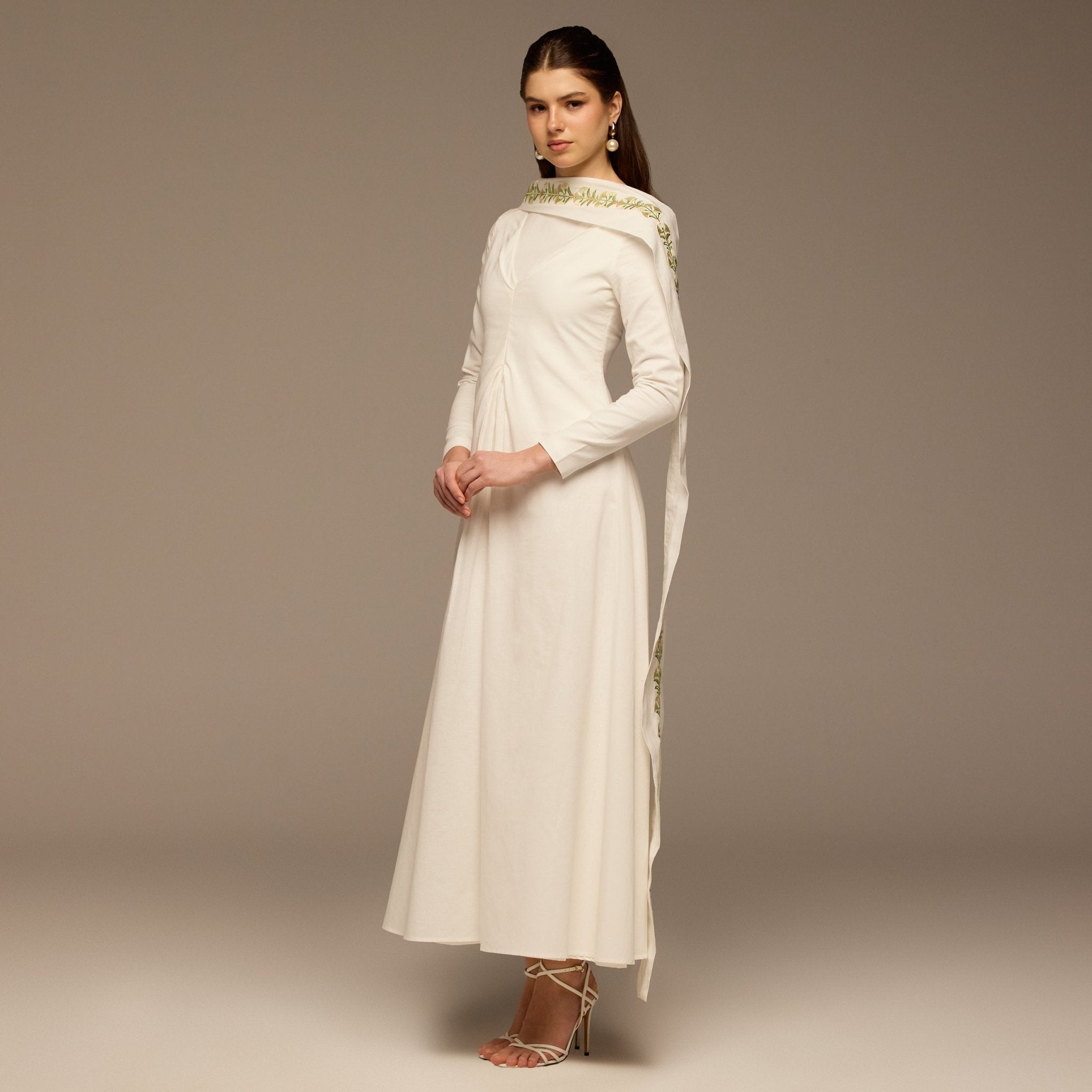 Ivory Flared A Line Lenin Dress with Embroidered Scarf - shopaleena