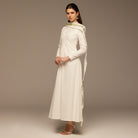 Ivory Flared A Line Lenin Dress with Embroidered Scarf - shopaleena