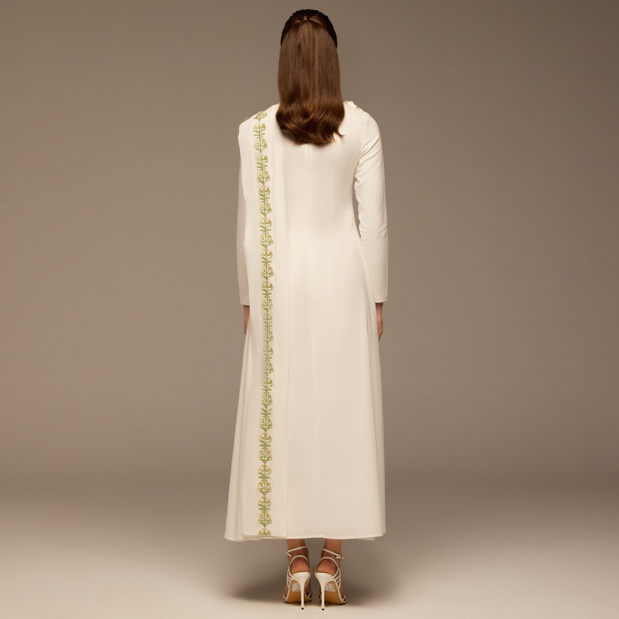 Ivory Flared A Line Lenin Dress with Embroidered Scarf - shopaleena