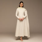 Ivory Flared A Line Lenin Dress with Embroidered Scarf - shopaleena
