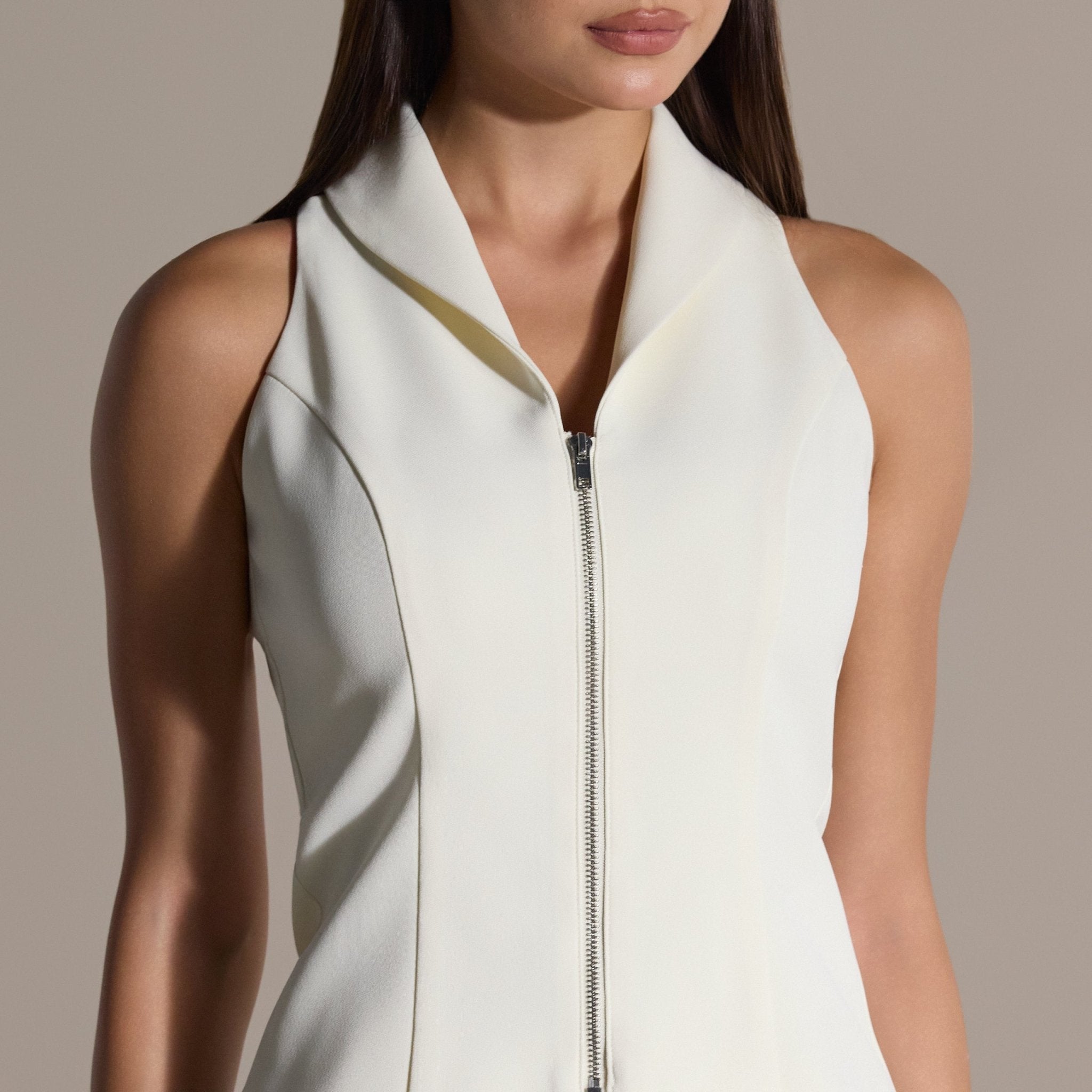 Ivory Front Zipper Halter Top - shopaleena