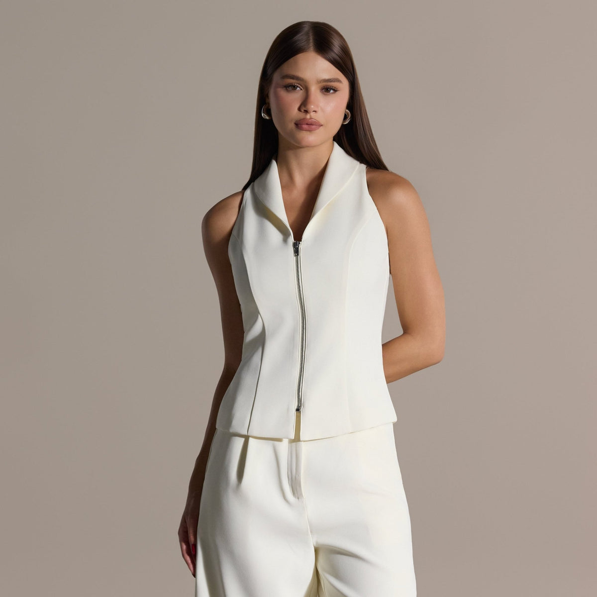 Ivory Front Zipper Halter Top - shopaleena
