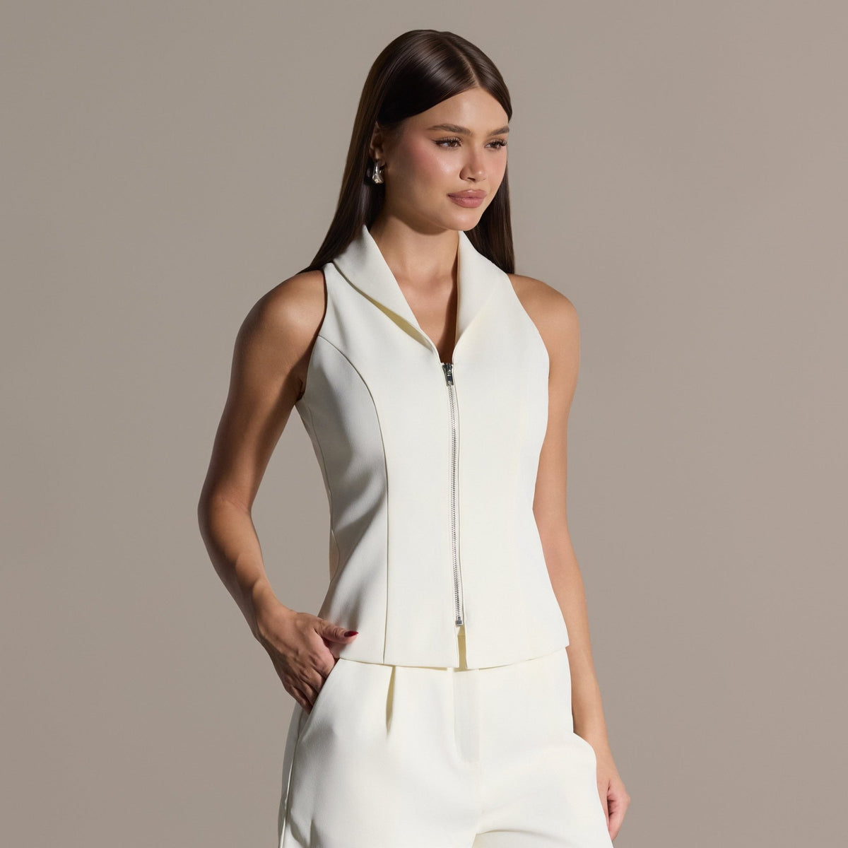 Ivory Front Zipper Halter Top - shopaleena
